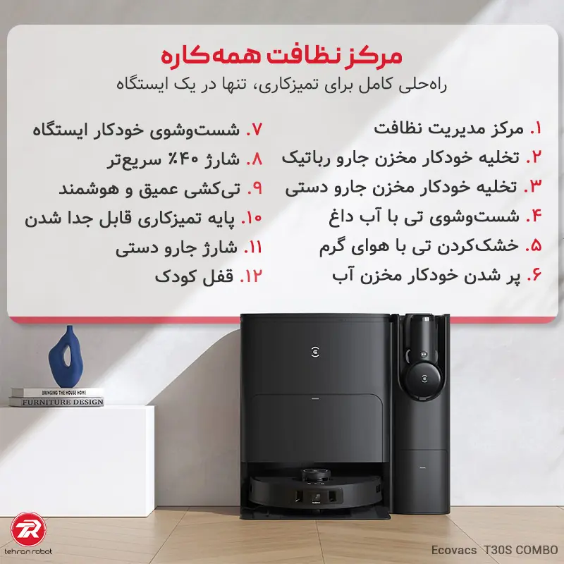 داک و طراحی ترکیبی جارو رباتیک اکووکس مدل T30S COMBO