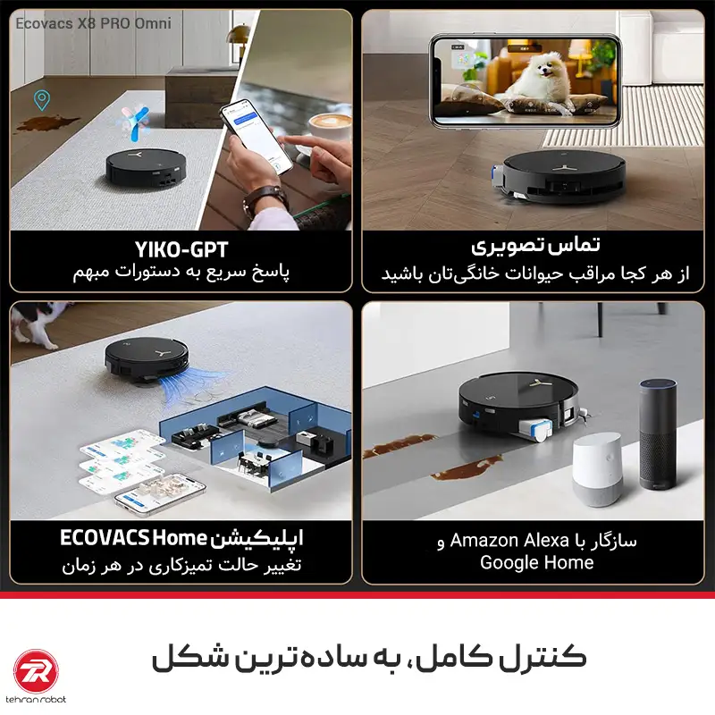 کنترل از راه دور با اپلیکیشن و YIKO برای جارو رباتیک اکووکس مدل Ecovacs X8 PRO Omni