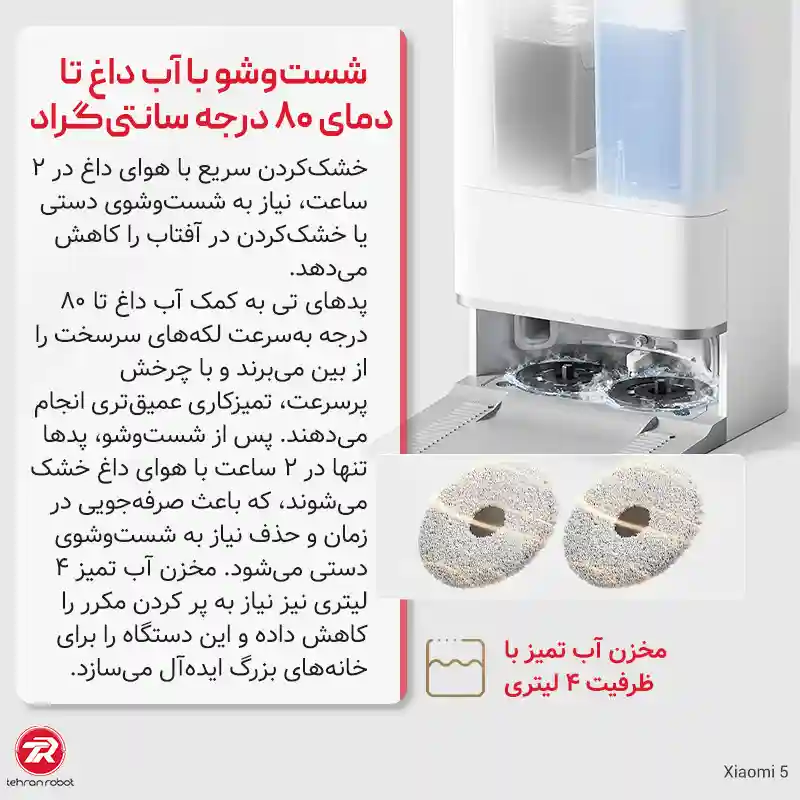 شست‌وشوی پد با آب داغ در جارو رباتیک شیائومی مدل Robot Vacuum 5
