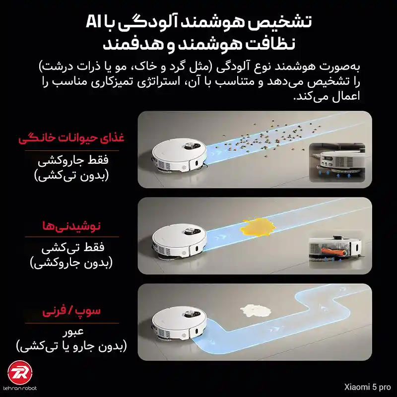 تشخیص هوشمند آلودگی با AI در جارو رباتیک شیائومی مدل Robot Vacuum 5 Pro