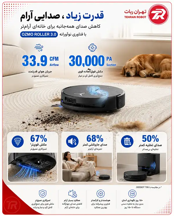 مکش ۳۰۰۰۰ پاسکالی سیستم BLAST در جارو رباتیک اکووکس T90 Pro Omni روی فرش ضخیم