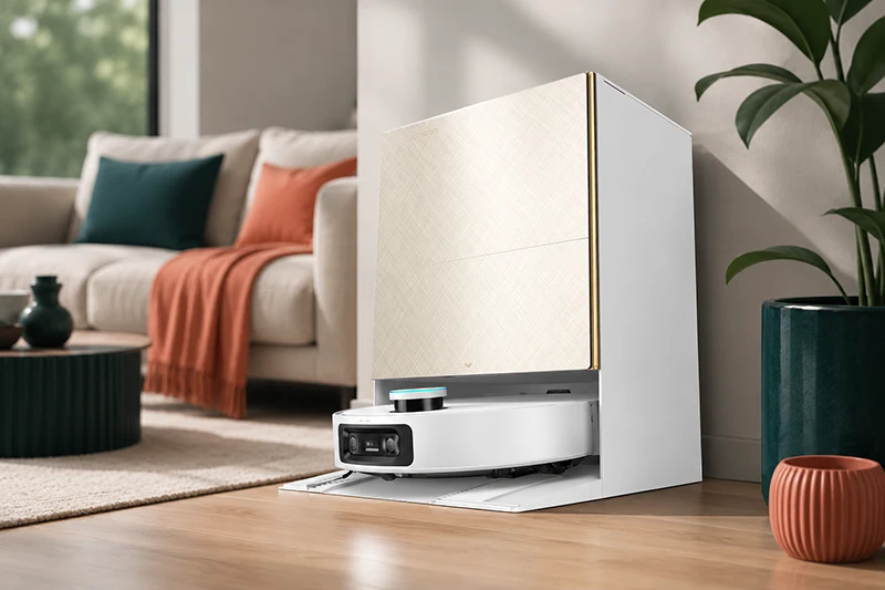 جارو رباتیک دریم X60 Ultra Complete در حال نظافت همزمان پارکت و فرش ماشینی در پذیرایی — بهترین انتخاب کلی 2026