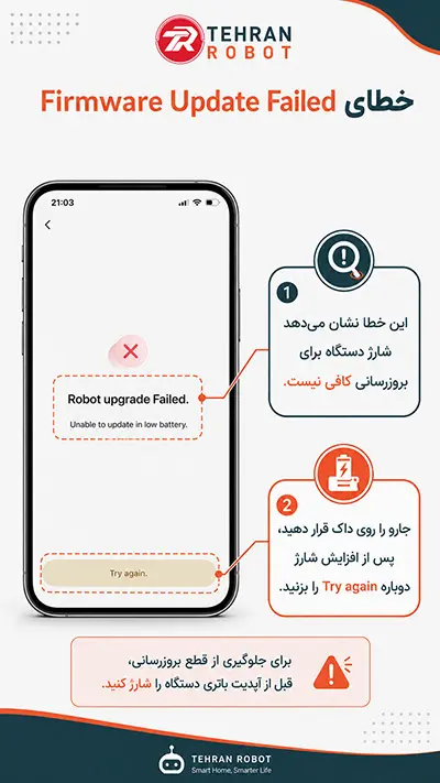 رفع خطای Firmware Update Failed جارو رباتیک دریم به‌دلیل پایین‌بودن شارژ
