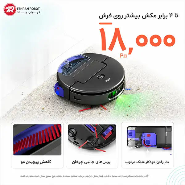 قدرت مکش ۱۸ هزار پاسکال و برس ضدگره جارو رباتیک دایسون Spot+Scrub AI