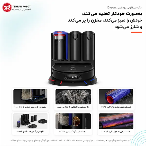 داک Hygienic Cyclonic جارو رباتیک دایسون Spot+Scrub AI با تخلیه خودکار بدون کیسه