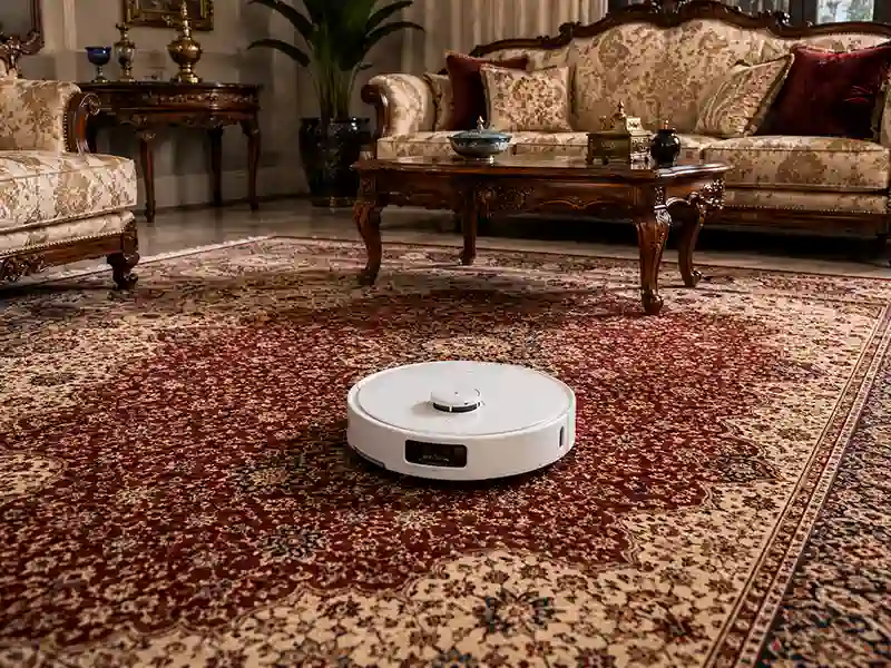 جارو رباتیک روبوراک Qrevo CurvX در حال نظافت فرش ماشینی پرتراکم ایرانی — بهترین انتخاب برای خانه فرشدار