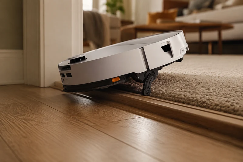 جارو رباتیک روبوراک Saros 20 Sonic در حال عبور از آستانه بلند در با شاسی AdaptiLift 3.0