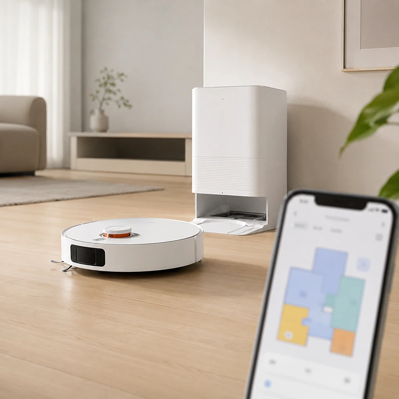 جارو رباتیک شیائومی Robot Vacuum 5 Pro در کنار گوشی با اپلیکیشن Mi Home